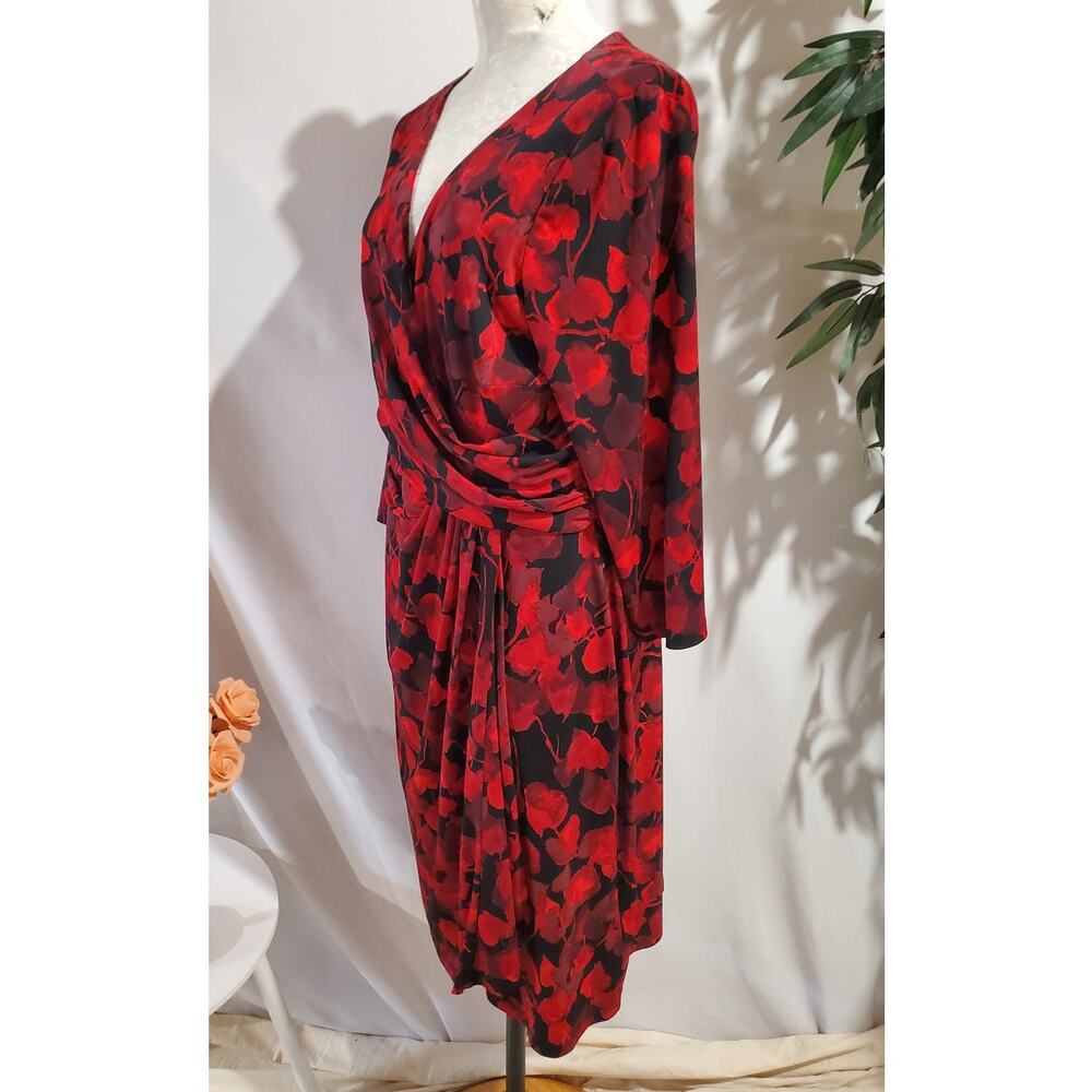 Chaps x Ralph Lauren Crossover Drape 3/4 Sleeve Faux Wrap Dress Sz XL Red Black - Picture 2 of 13